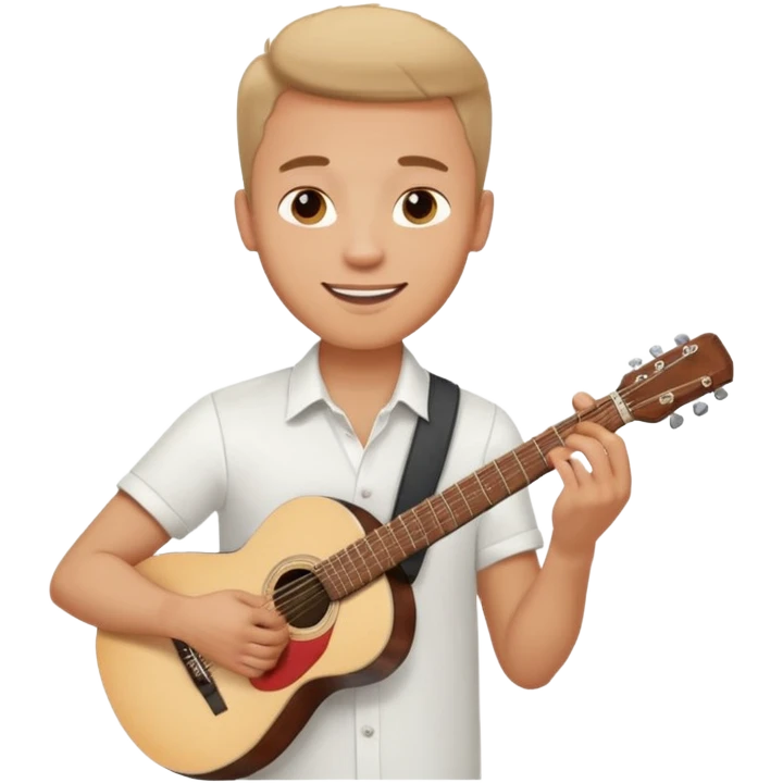 male memoji, man in a white shirt, holding a guitar, dreamy smile emoji