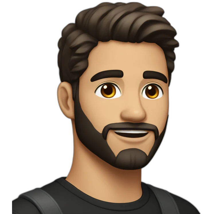 25 year old Hispanic man with a beard and thick eyebrows light skin, black shirt and side fades and a comb over with very dark brown eyes emoji