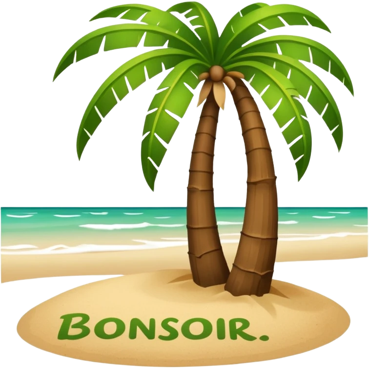 Un cocotier au bord d'une plage avec en arc de cercle écrit bonsoir emoji