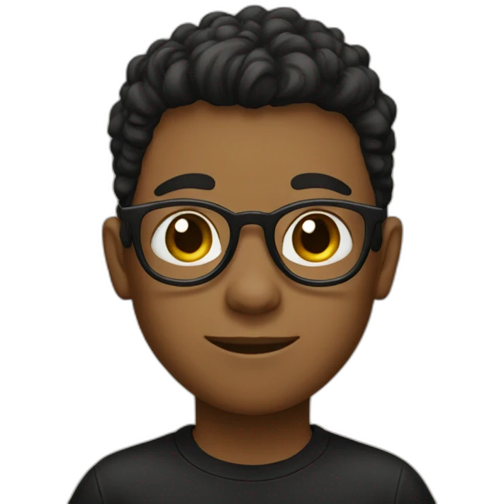 A boy with a partial haircut, black-rimmed glasses and a black T-shirt emoji