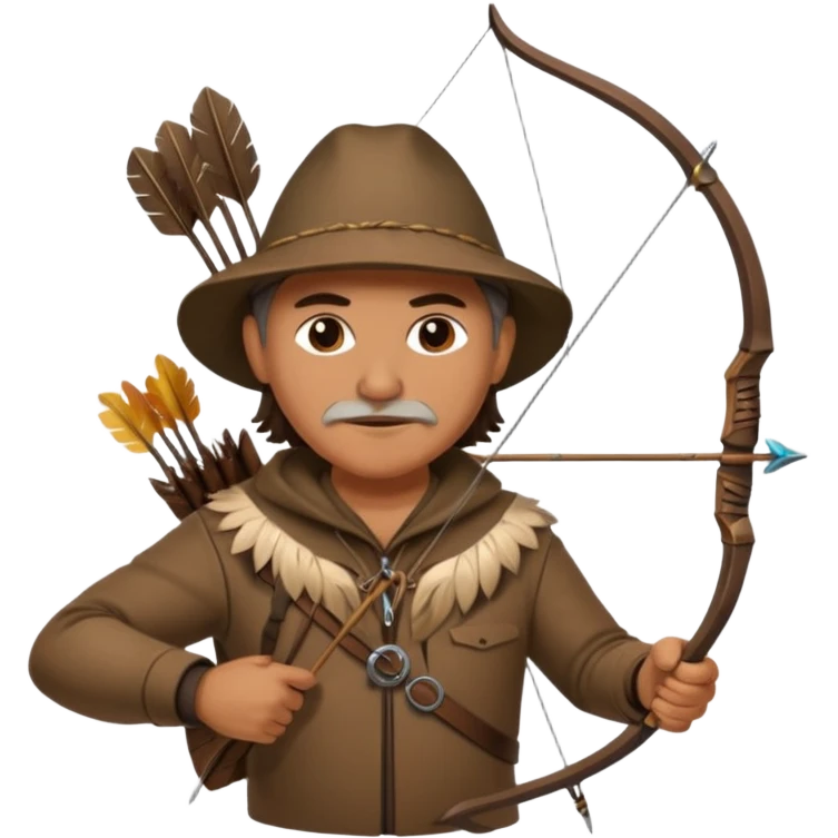 A classic middle-aged hunter with a bow and arrow on his back, dressed in brown clothes and decorated with feathers or bone teeth emoji