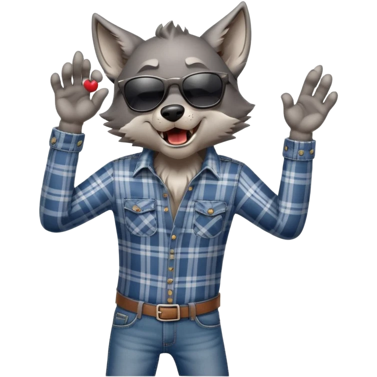 friendly anthropomorphised wolf in jeans and plaid shirt, wearing dark sunglasses, howling, dynamic pose emoji