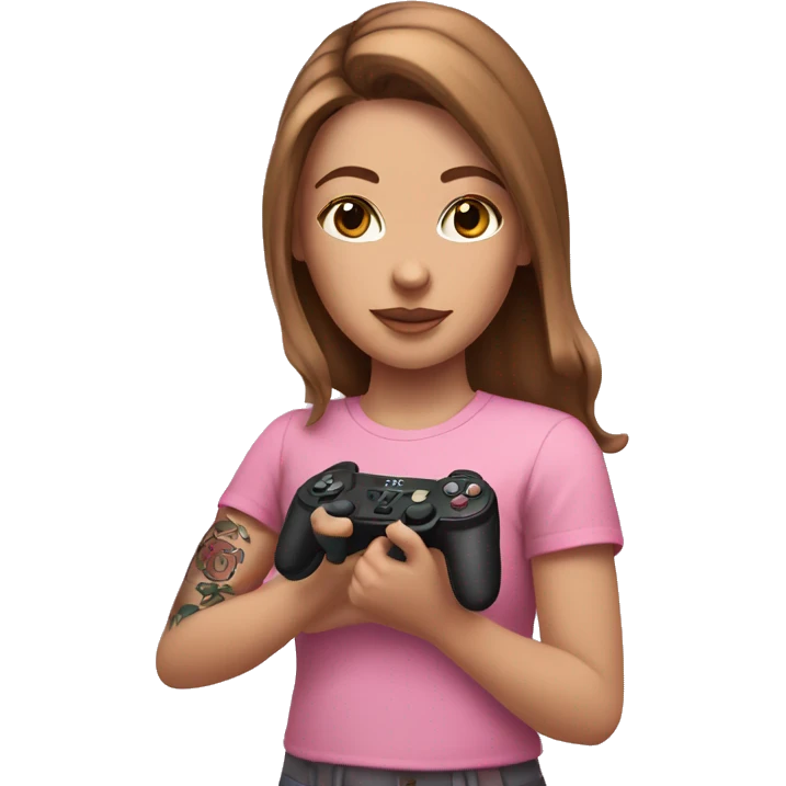 White girl with arm tattoo and brown hair holding a pink game controller emoji
