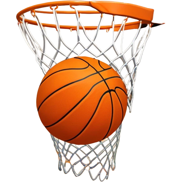 A close-up shot of a basketball soaring through the air and perfectly swishing into the basketball net. The ball is in mid-motion, with the net gently moving as the ball makes contact. The background shows a vibrant court with clear markings, capturing the excitement of a successful shot emoji