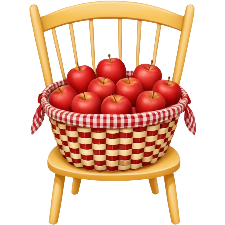 woven basket with apples and white checkered cloth on a white wooden chair, yellow emoji