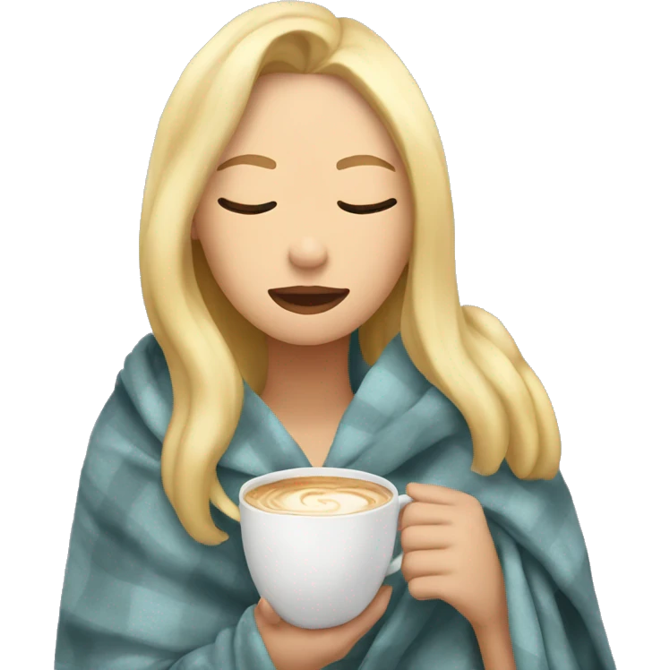 girl inside a blanket sipping coffee eyes closed with blonde hair emoji