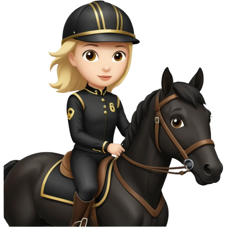 girl racing riding horse wearing racing cloth black with number emoji