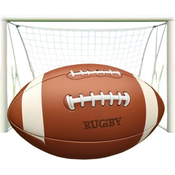 A rugby ball resting on a grassy field, with goalposts in the background. The scene captures the essence of the sport, with the field clearly marked and ready for a game, highlighting the intensity and teamwork of rugby. emoji