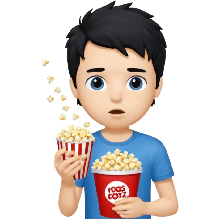generate a pretty fair bratz boy with a blue tshirt on. eating popcorn. messy black hai emoji