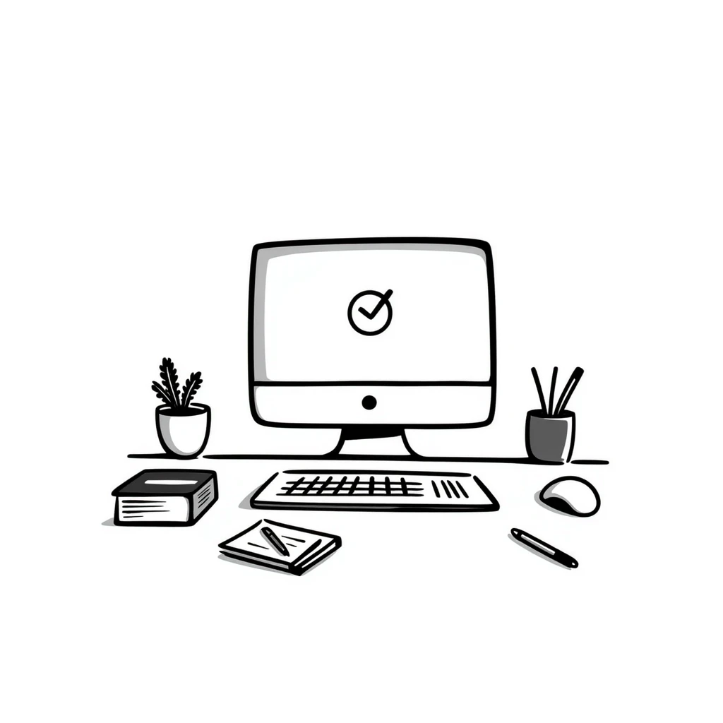Computer on a desk with scattered books and notebooks emoji