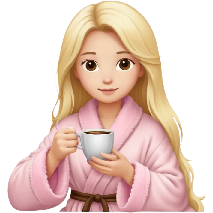 girl with long blonde hair sitting a cup of coffee wearing light pink fluffy robe emoji