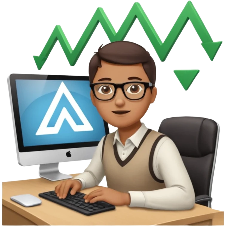 A person sitting at a desk working on a computer with upward arrows and percentage signs, suggesting digital sales, marketing, or outreach. emoji