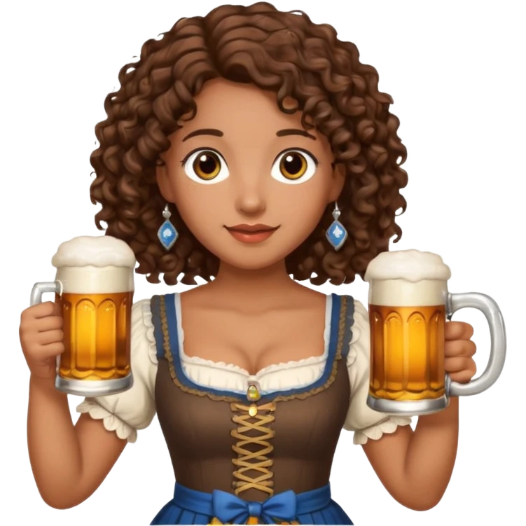 A woman with brown, shoulder-length curly hair and brown eyes she is wearing a dirndl and holding a beer stein emoji
