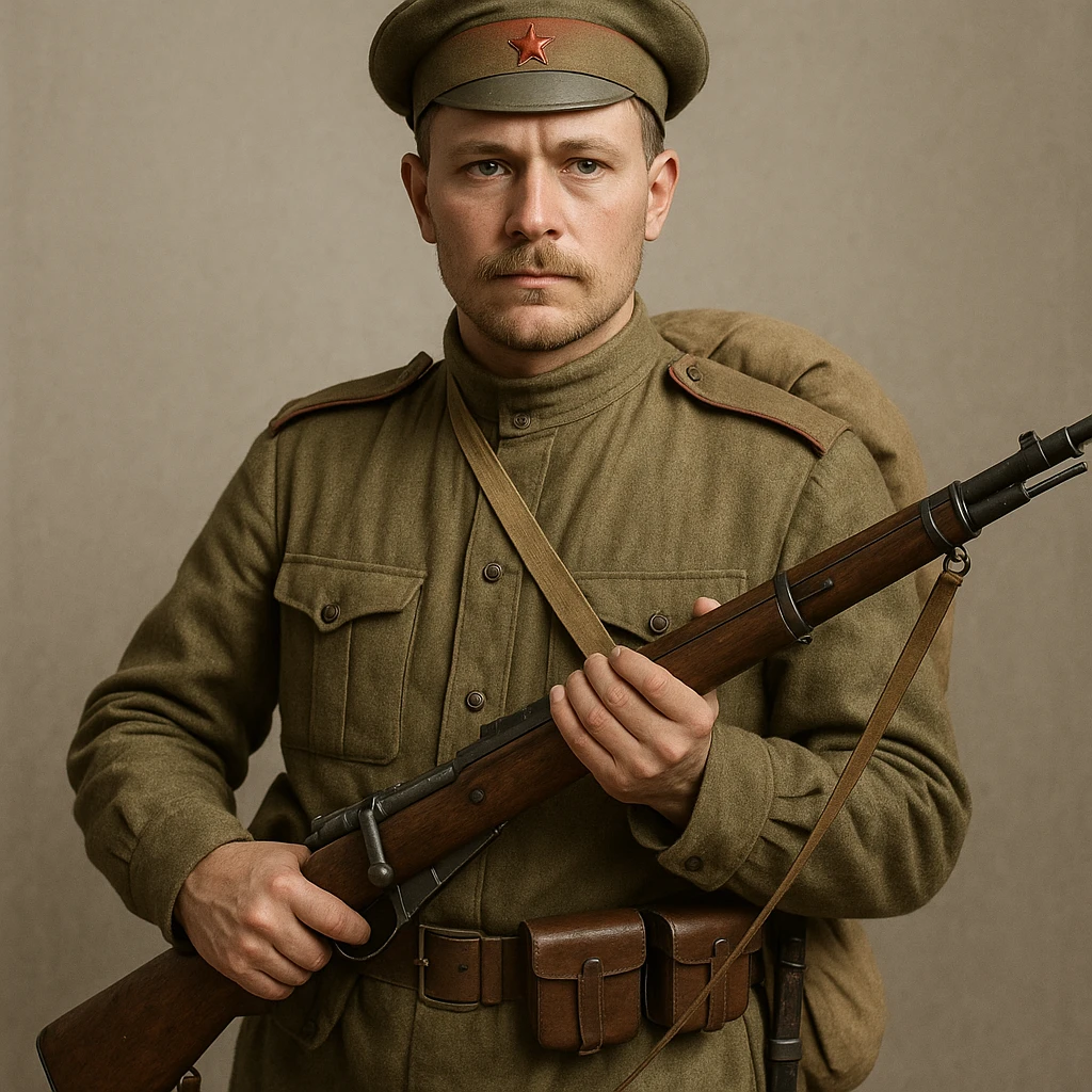 realistic style Russian infantryman of World War I, uniform, rifle, forage cap, military character, neutral background emoji