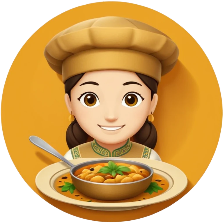 Uzbek cuisine humanless avatar in bright illustration. Classic dishes like plov, warm golden and earthy tones, simple shapes, flat design, high contrast, friendly and appetizing. emoji