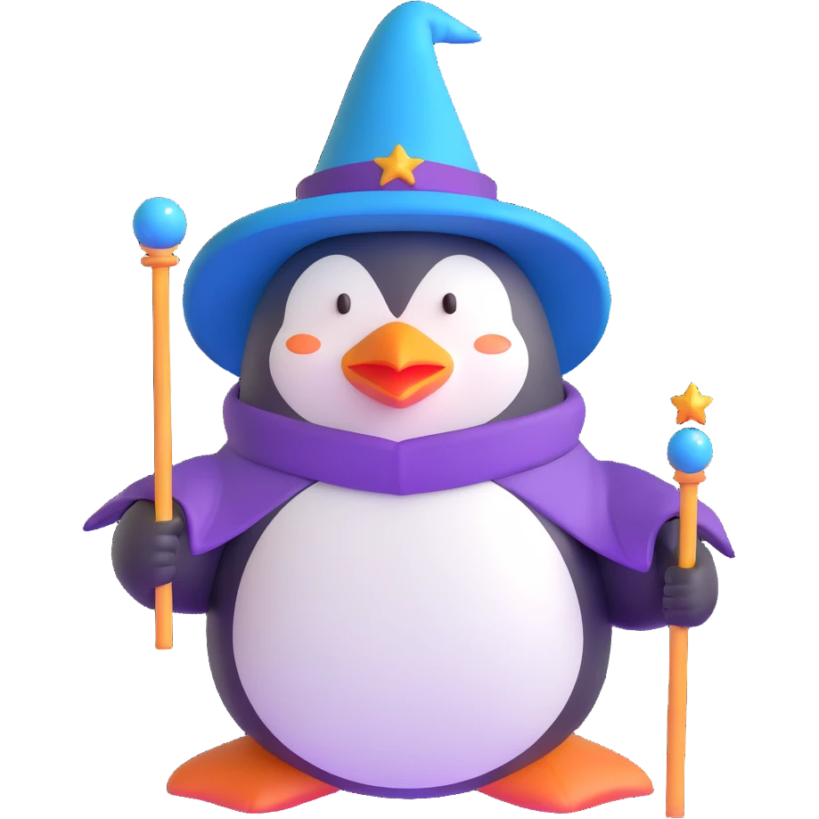 penguin wizard with magic wand and wizard hat emoji