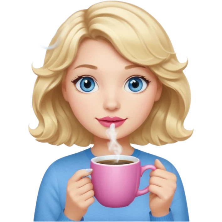 Girl Blonde short wavy hair,  blue eyes, cute blue top, long lashes, pink lips, holding white hot coffee mug emoji