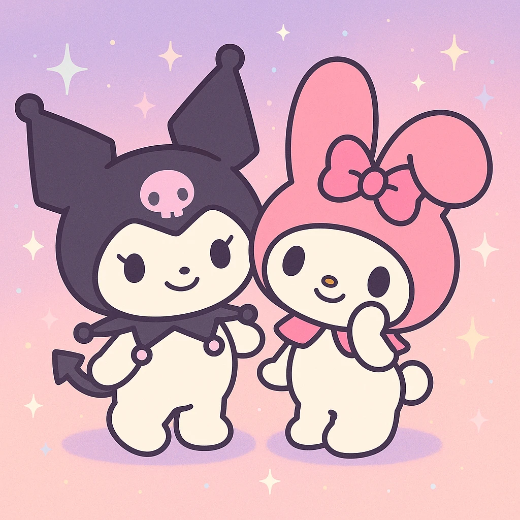 Kuromi and My Melody together, anime style, soft pastel palette, gentle smiles, magical background emoji