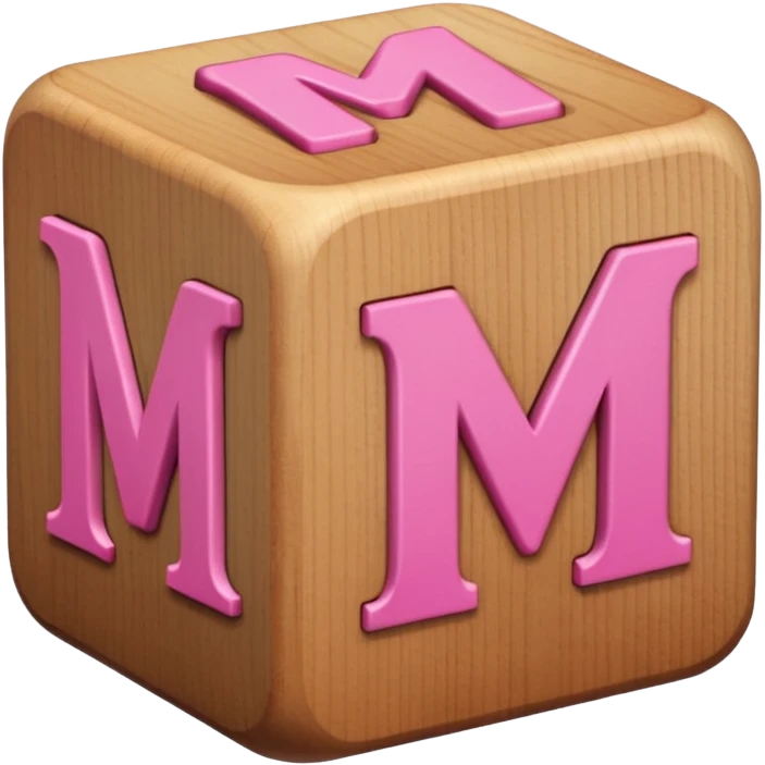 A rounded toy block with the pink letter "M" on it emoji