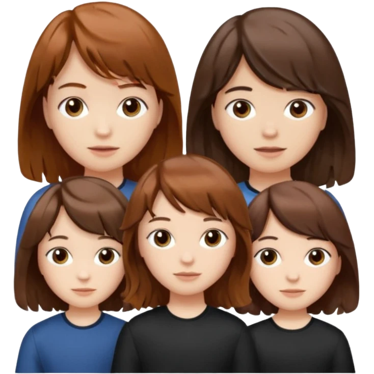 Two girls and a boy. Girl one has long, wavy, light to reddish-brown hair with bangs. Girl two has a dark-colored bob haircut. The boy has wavy, tousled, light to reddish-brown hair with a right side parting.
 emoji
