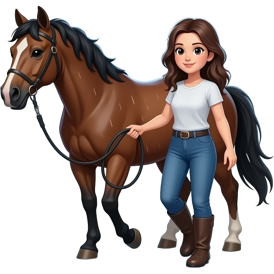 Lady in jeans leading horse in thunderstorm emoji