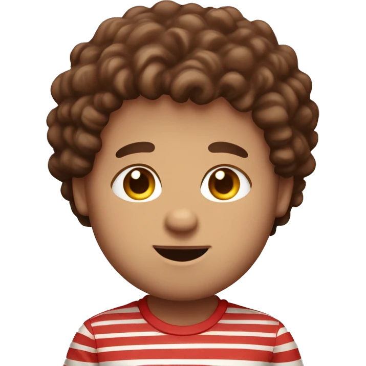 A big fat boy with chocolate all around his face with big blue eyes and brown curly hair with a red and white stripy shirt emoji