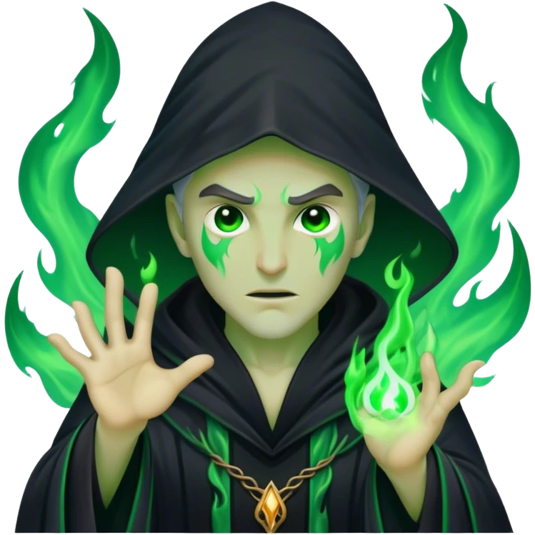 A dark sorcerer in flowing black robes, conjuring eerie green flames emoji