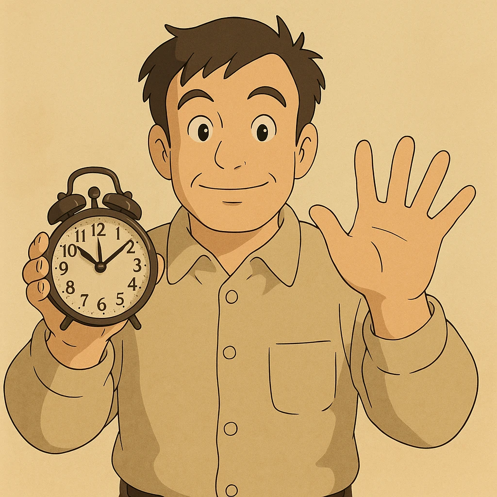 man with a clock in one hand, showing five fingers with the other, friendly expression, minimal background emoji