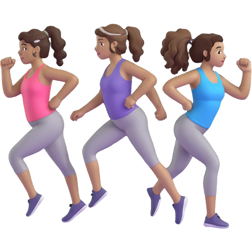 three women friends exercising together, one black woman with curly brown hair, one pale white woman with curly brown hair, and one white woman with straight brown hair in a ponytail emoji