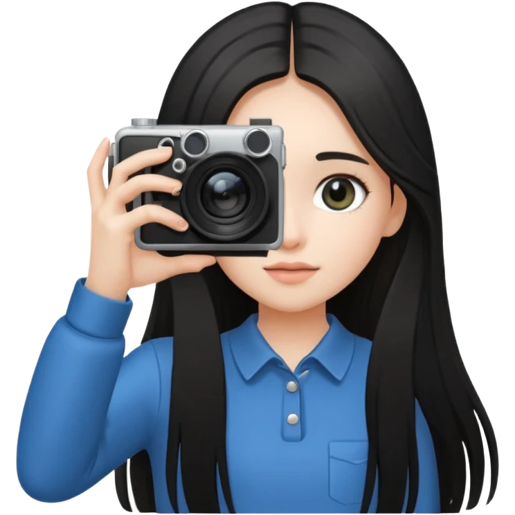 A young fair-skinned girl with o black and long hair holding a camera up to her eye, looking through the viewfinder, standing in natural light, soft focus background, candid photography style, wearing a minimalist outfit, artistic and modern atmosphere. With four fingers emoji