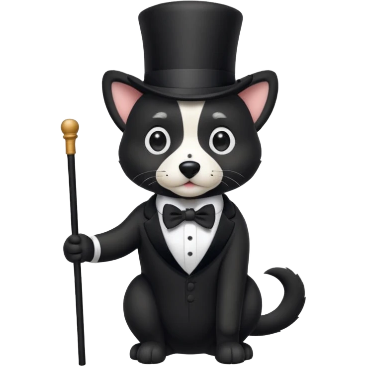 A black dog with white on his nose and chest in almost a tuxedo way with a top hat and a cane looking extra adorable  emoji