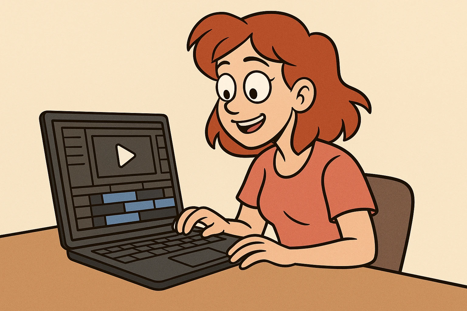 a woman editing a video on a laptop, flat cartoon style emoji