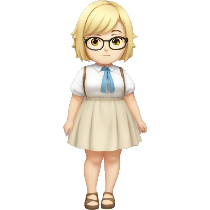 Chubby anime girl with glasses and short blond hair, full body wearing cute dress emoji