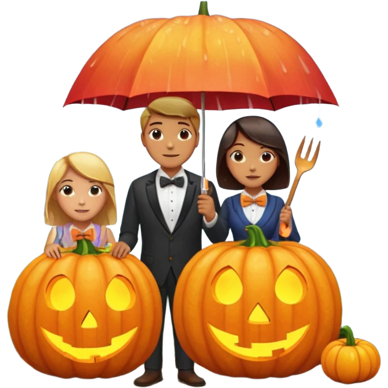 Make a guy hugging a giant pumpkin with a fork in his right hand while there's fire while there's a lady watching while it's raining while there's an umbrella on the ground that's alive and the sun has a bow tie on his neck emoji