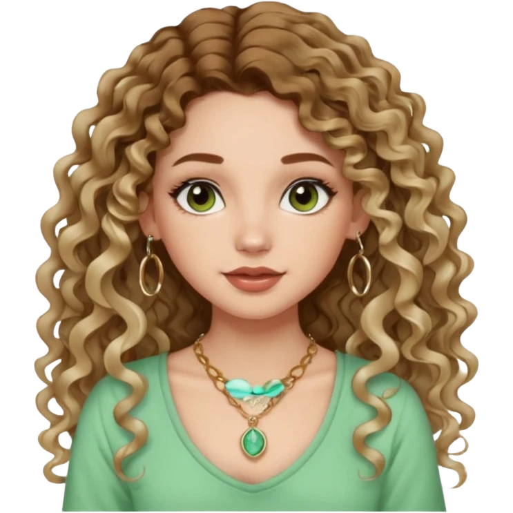 cute girl with not volominous VERY LONG curly/wavy balayage hair brown eyes full lips cute makeup cute necklace and hoop earrings white girl with light green top emoji