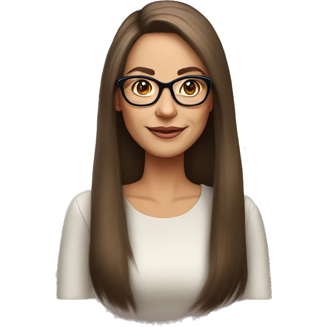 50 years old girl
long brown hair with straight styling
light skin
glasses with refined frame
Brown eyes with cat eye liner emoji