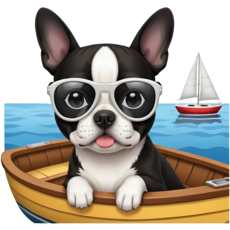 Black and white Boston terrier on a boat with sunglasses  emoji