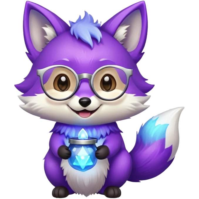 A small magical fox with shimmering purple and blue fur, a glowing fluffy tail, a silver star on its forehead, and round glasses, holding a tiny magical lantern, laughing with tears of joy in its eyes. 🦊😂 emoji