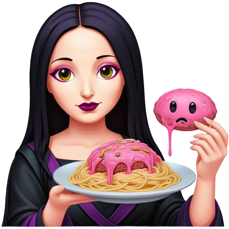pop art goth neon Monalisa holding Melted pink gooey spam meat ball spaghetti  emoji
