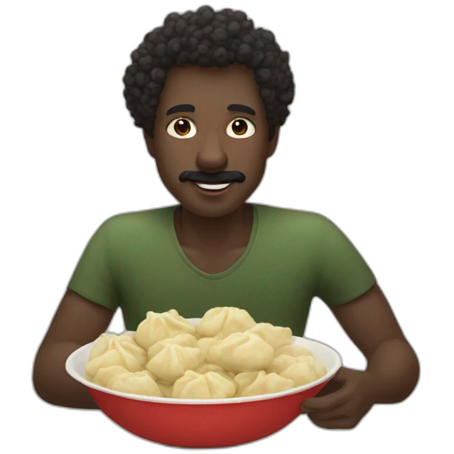 Dark skin guy with mustache and short curly hair eating heaps ofdumplings emoji