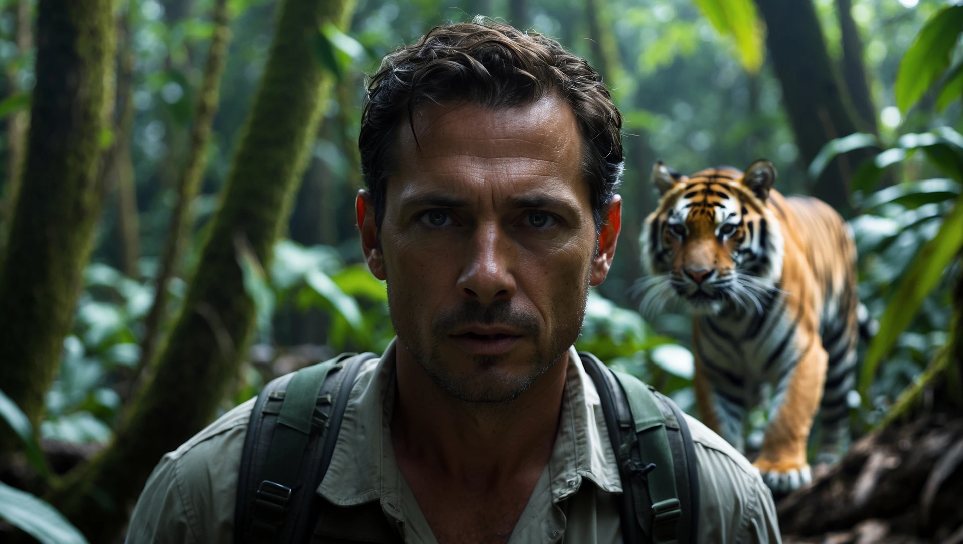 cinematic still, documentary photography, amazon jungle, well lit scene, man is exploring the jungle, close up, front shot, rule of thirds, tiger in background sneaking trying to jump on man emoji