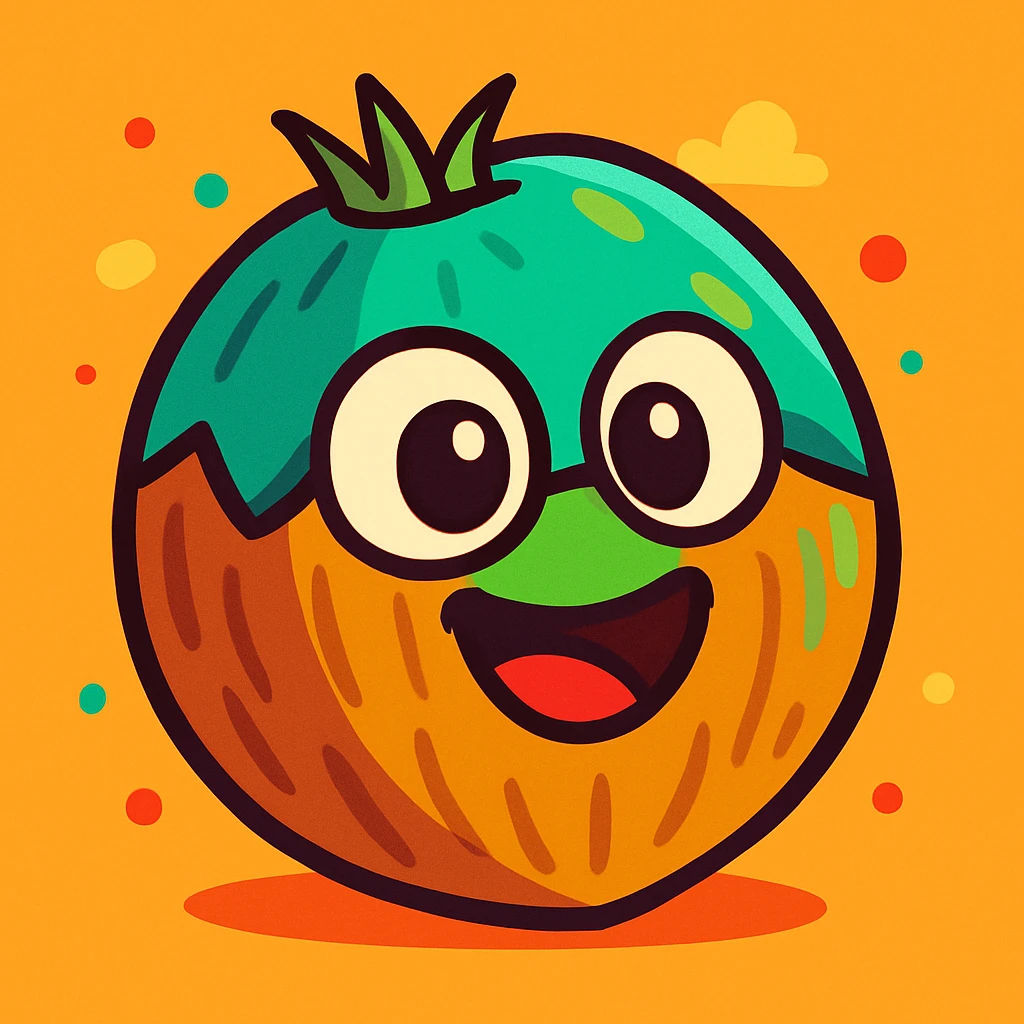a cartoon style coconut, colorful and playful emoji