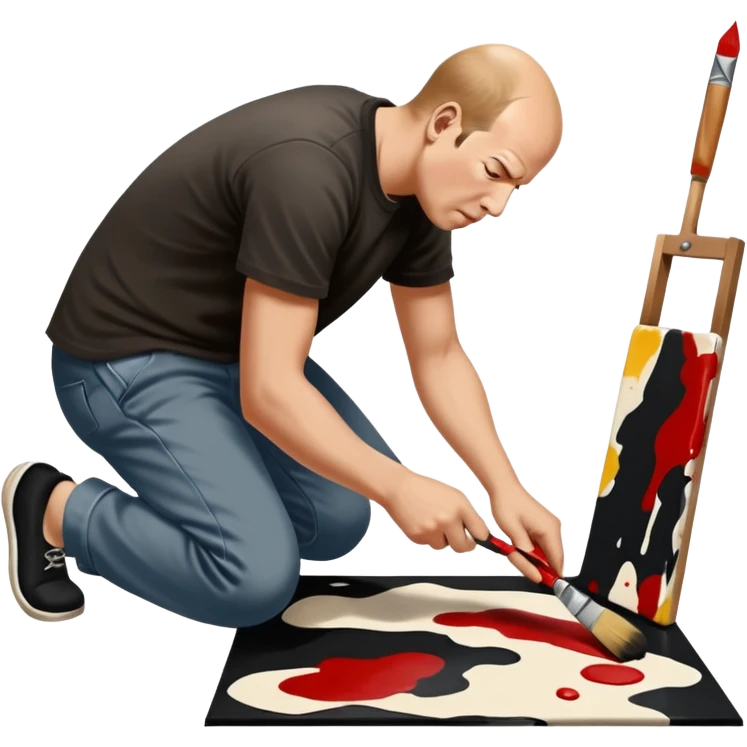 Jackson pollock the abstract artist leaning over to flick black white and red paint from a brush onto a canvas at his feet emoji