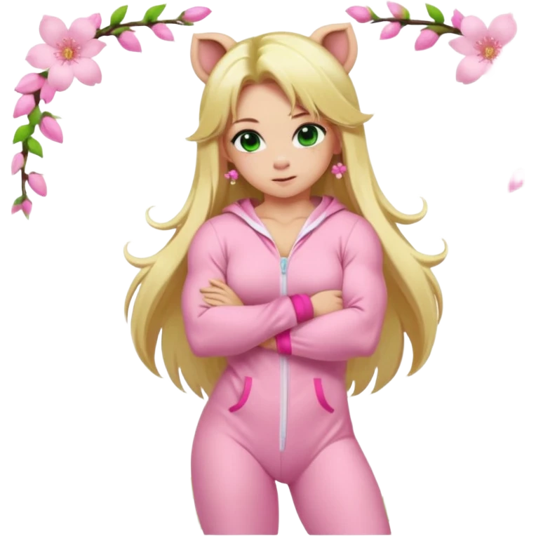 sexy and muscled, full body, in pink kegurumi pig pijamas, sexy girl, long blond hair, beautiful green eyes, makeup, earrings, muscled, surrounded by pink flowers and sakura petals emoji