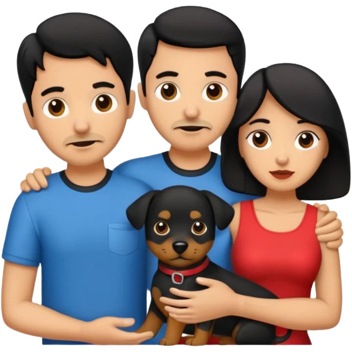 Pareja hombre y mujer, pelo negro ambos, y con dos perritos pincher en sus brazos emoji