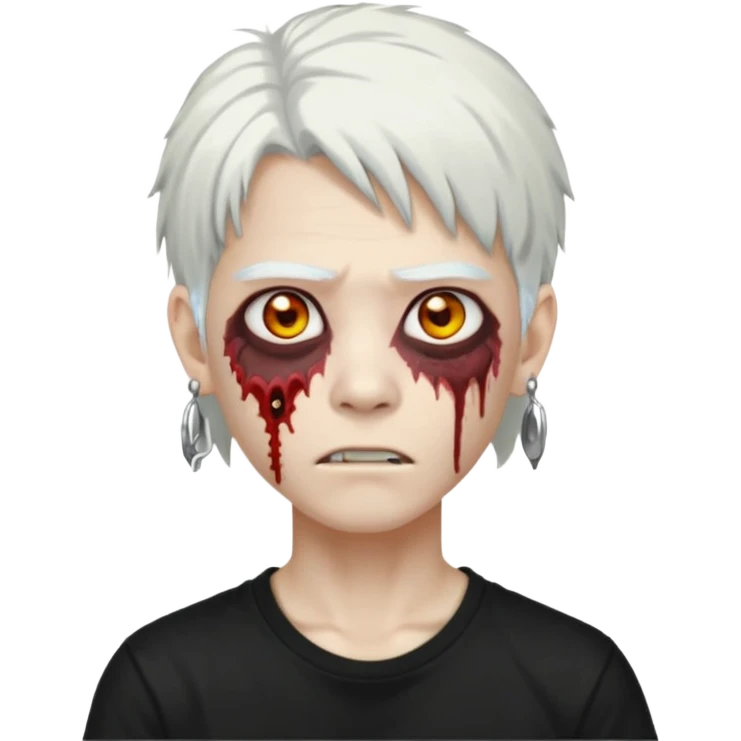 ok make a zombie avatar that has pale skin, young, asian, mullet hair, white hair with earrings wearing just a black T shirt white blood from the eyes emoji