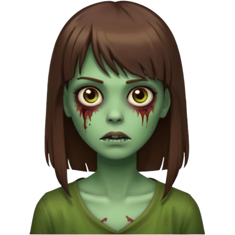 Zumbi feminino, de pele verde, cabelo marrom, longo, liso e castanho com franja reta emoji