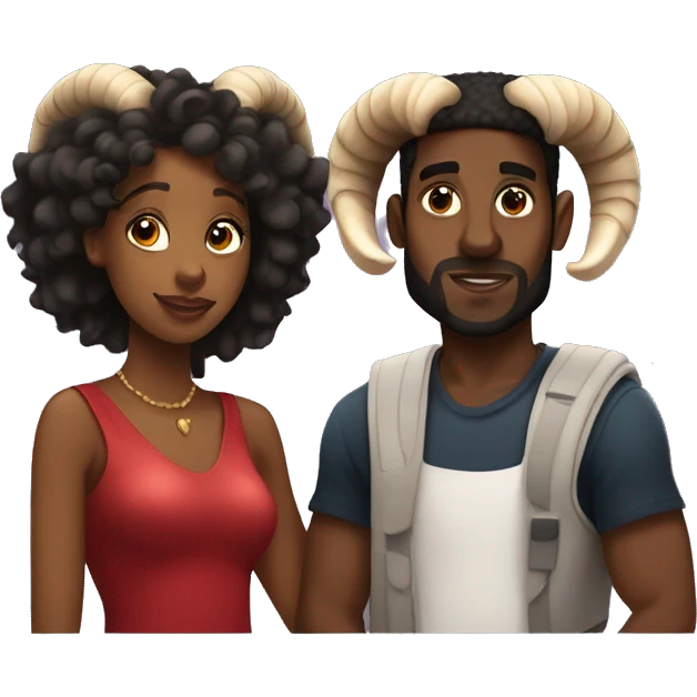 two aries in love black woman and black man with ram horns emoji