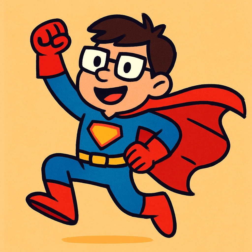 playful cartoon-style illustration of a user as a superhero, bright colors, bold outlines emoji