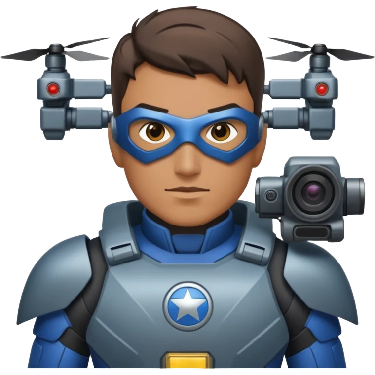Un photographe homme high tech, une armure de terrain à la super héro. Il a des appareils photos, des caméras embarquées et un drone  emoji
